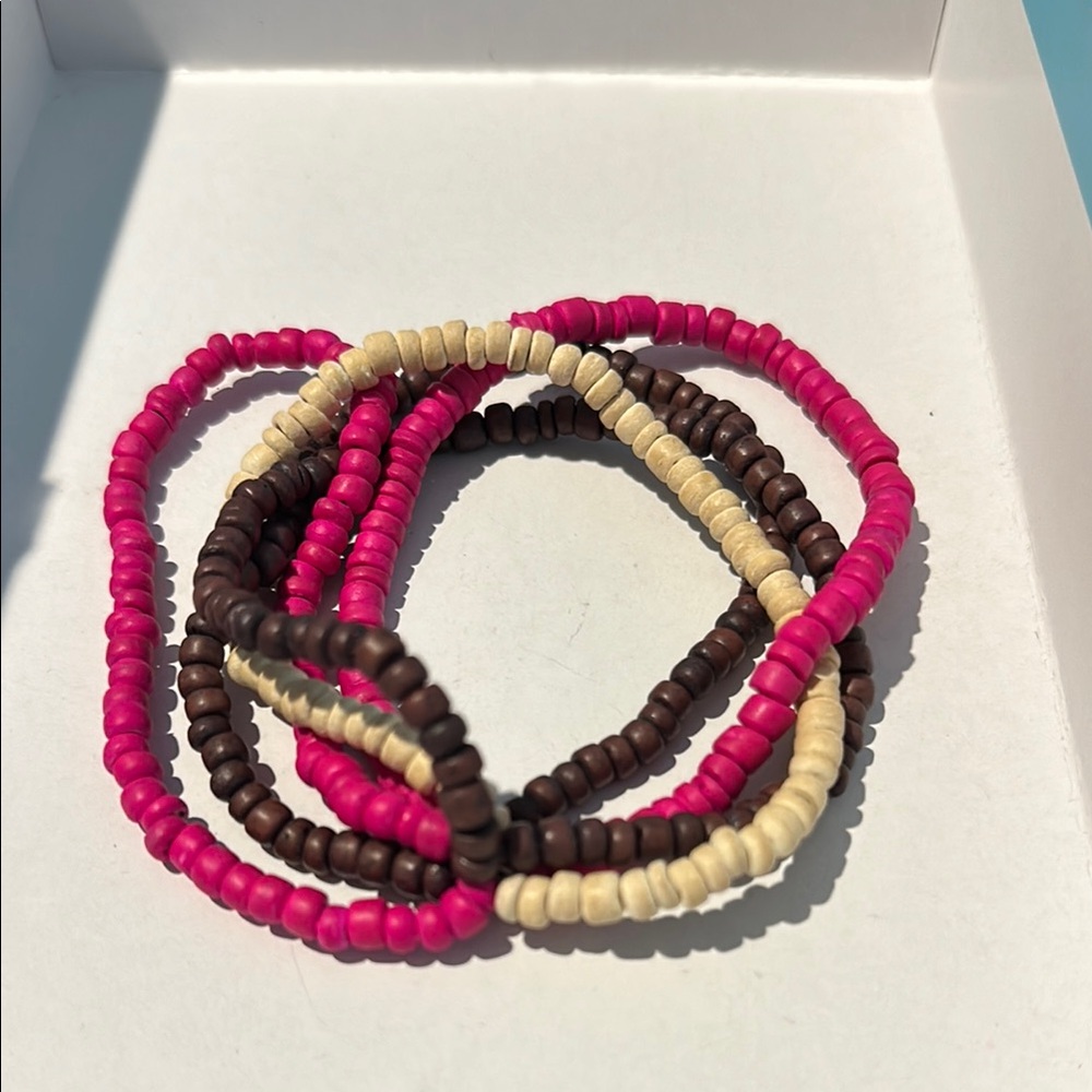 Pink, Brown, and Cream Beaded Boho Bracelet